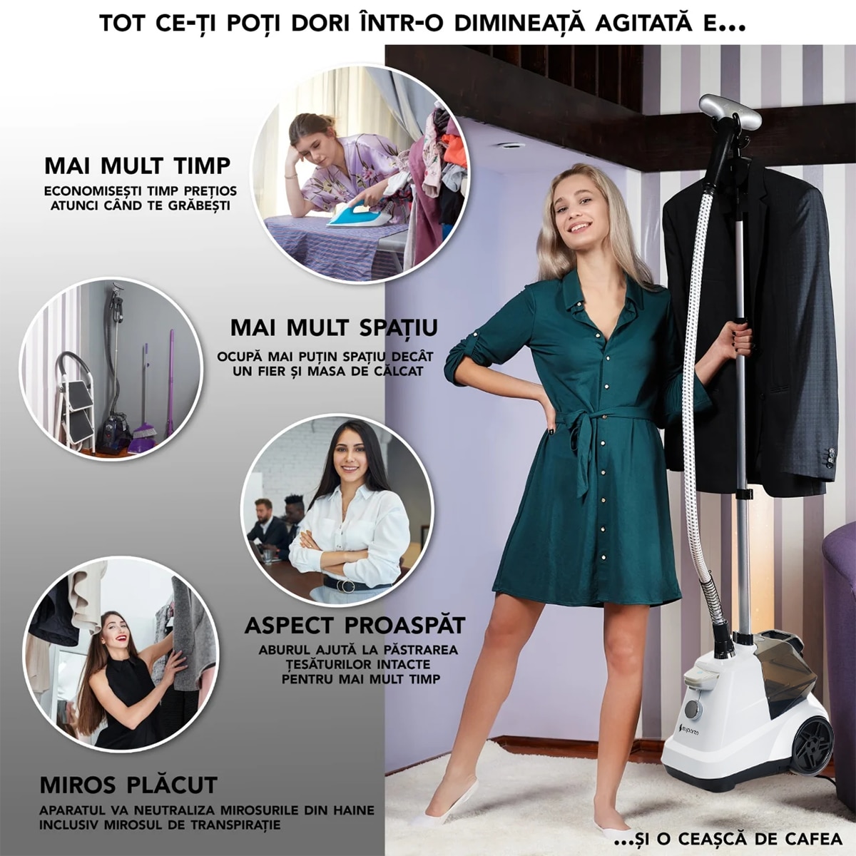 Aparat de Calcat Vertical cu abur Suporto pentru haine netede, sterilizate, fara mirosuri si fara cute. Steamer profesional model R3 de 2200W, debit 45g/min, 4 trepte putere, 65 min de lucru, cu umeras, fier telescopic, rezervor apa 3 L, Alb