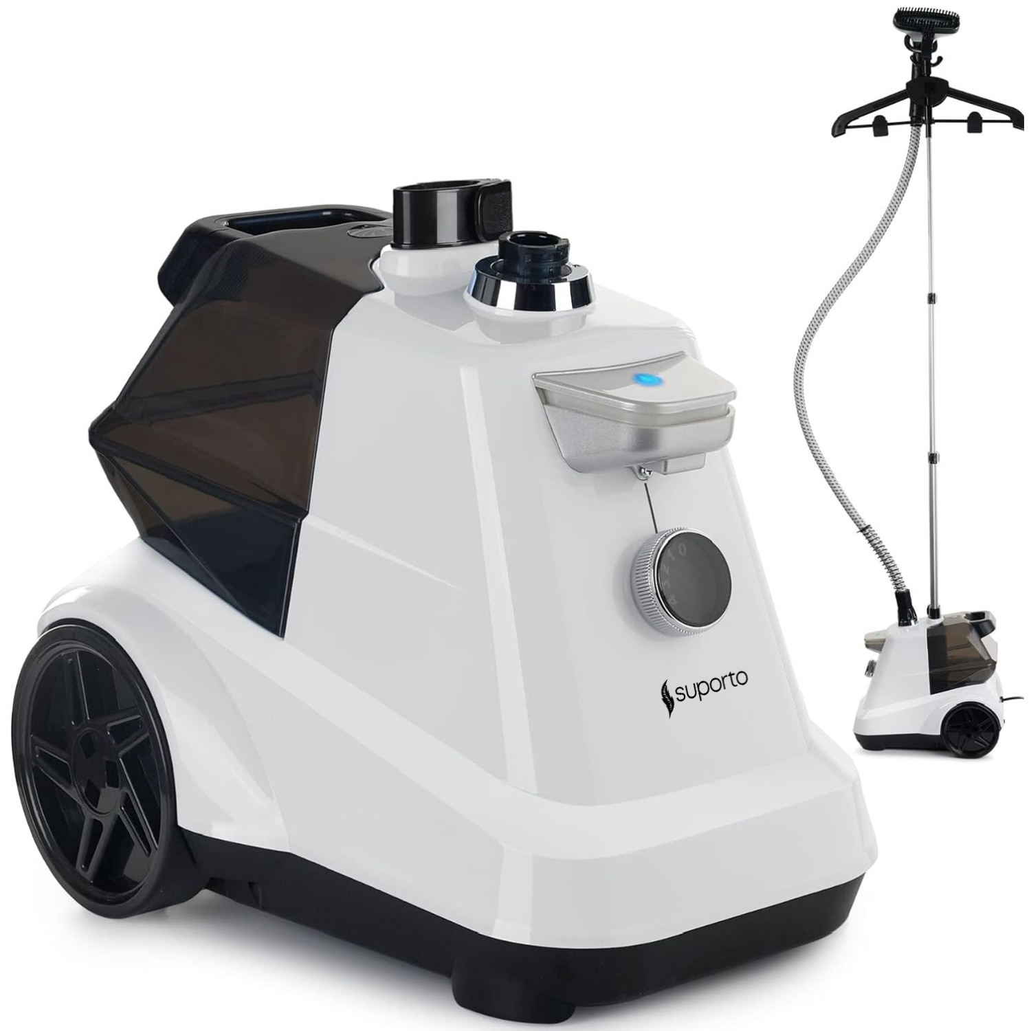 Aparat de Calcat Vertical cu abur Suporto pentru haine netede, sterilizate, fara mirosuri si fara cute. Steamer profesional model R3 de 2200W, debit 45g/min, 4 trepte putere, 65 min de lucru, cu umeras, fier telescopic, rezervor apa 3 L, Alb