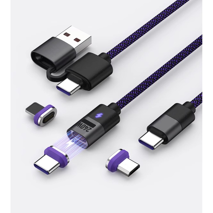 AIM TO POWER 3 в 1 магнитен кабел за зареждане и данни, 240W бързо зареждане PD3.1, издръжлива найлонова оплетка, съвместим с универсално зарядно устройство, iPhone, Samsung, Huawei, лаптоп и други устройства