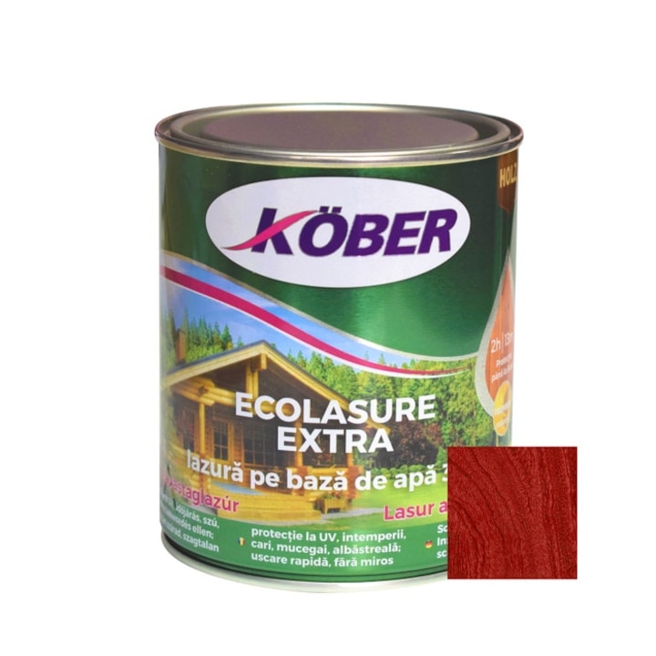 Lac / lazura 3 in 1 pentru lemn, Kober Ecolasure Extra, mahon, pe baza de apa, interior / exterior, 0.75 L