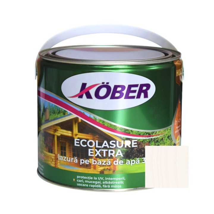 Лак / байц 3 в 1 за дърво, Kober Ecolasure Extra, бял, на водна основа, интериор / екстериор, 2.5 L