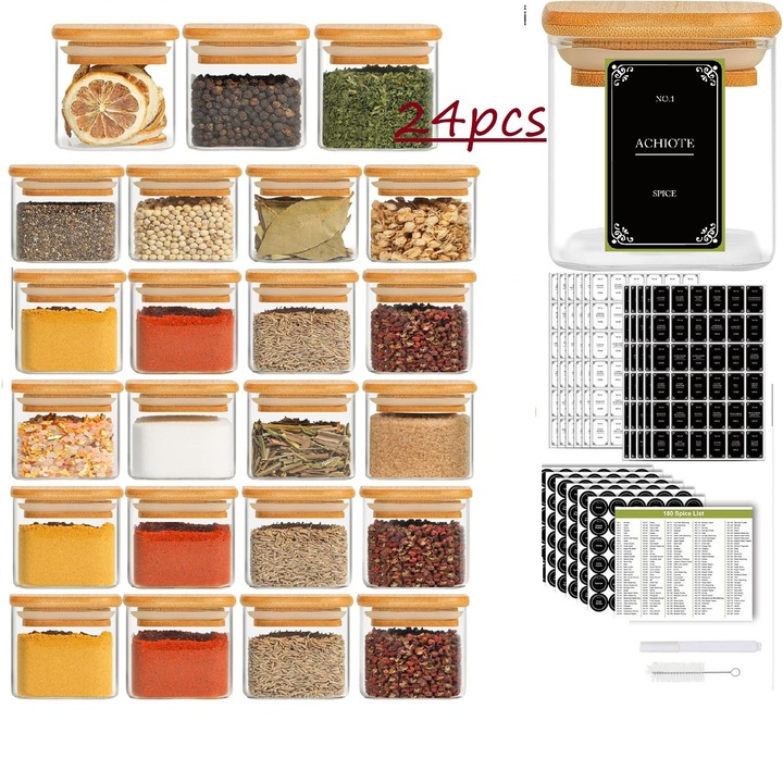 Комплект от 24 стъклени буркана за подправки с бамбукови капаци, 4oz, черни етикети