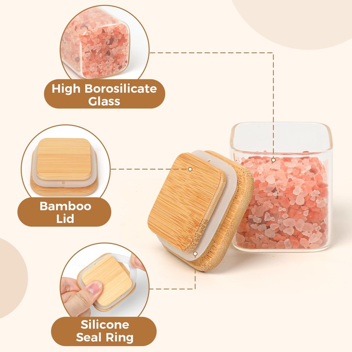 Комплект от 24 стъклени буркана за подправки с бамбукови капаци, 4oz, черни етикети