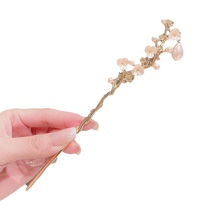 Agrafa de par rama aurie cu flori de perla, accesoriu elegant, set de 2 bucati