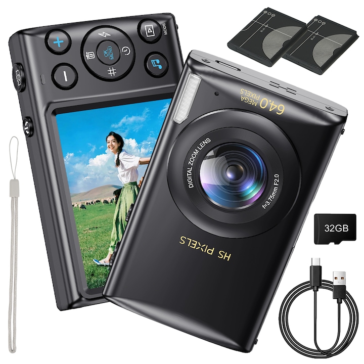 Camera foto digitala AKKEE 4K, Aparat foto digital compact, Camera pentru elevi,64MP, zoom digital 18x, ecran de 2, 8”, neagra, Focalizare automata, Flash incorporat, Transfer rapid de fotografii, cu card de memorie 32GB