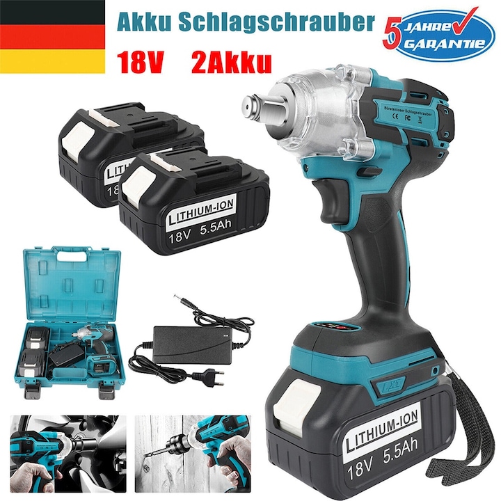 Cheie cu impact fara fir AKKEE 21V, 650 N.m, 3200 rpm, albastru/negru, set cu 2 acumulatori 5.5 Ah