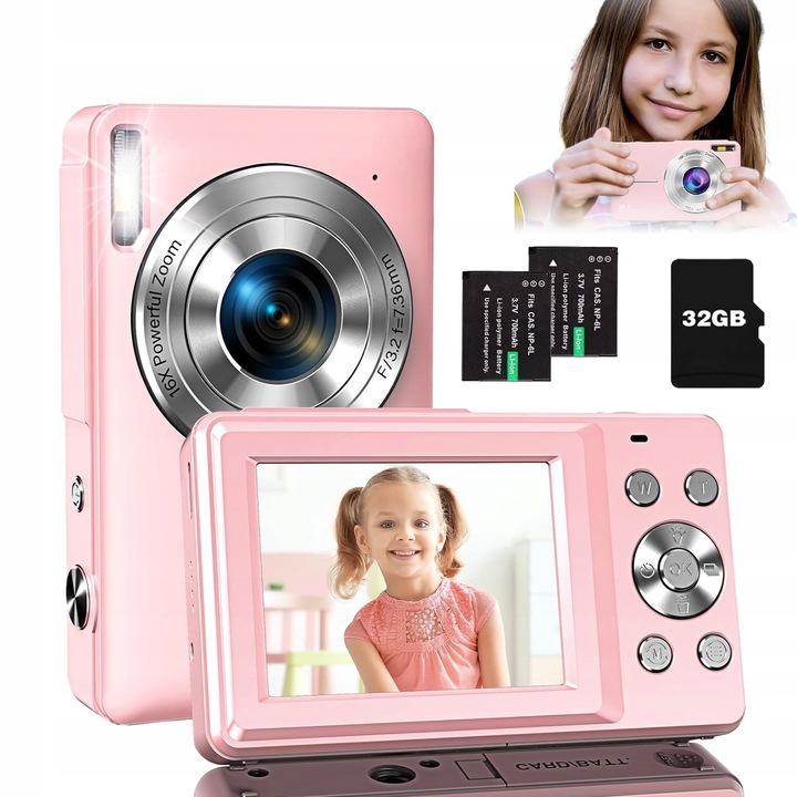 AKKEE HD 1080P digitális fényképezőgép, 44 MP, 16x digitális zoom, rózsaszín