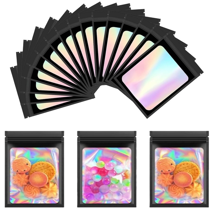 Set 100 pungi cu fermoar holografice, MunDeir, 10.5x15cm, multicolor