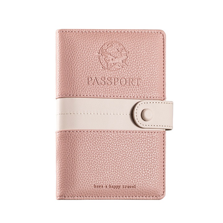 Portofel multifunctional din eco-piele, roz, 172x117mm, cu protectie RFID, 4 sloturi pentru carduri, 1 slot pentru pasaport