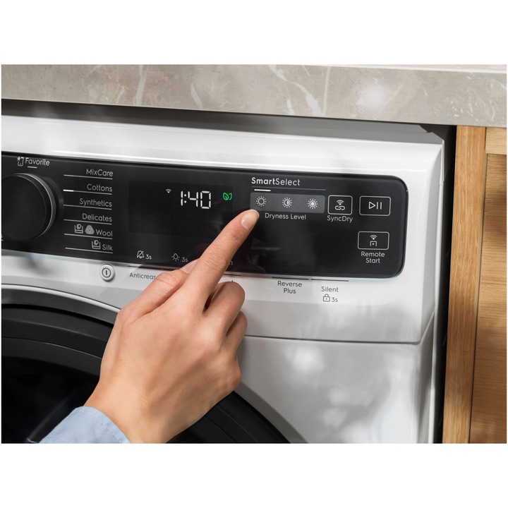 Uscator de rufe Electrolux Ecoline EW9D587KCE, Pompa de caldura, 8 kg, Clasa A+++, Motor Inverter, Wi-Fi, Display LED, 3DSense, SmartSelect, Alb