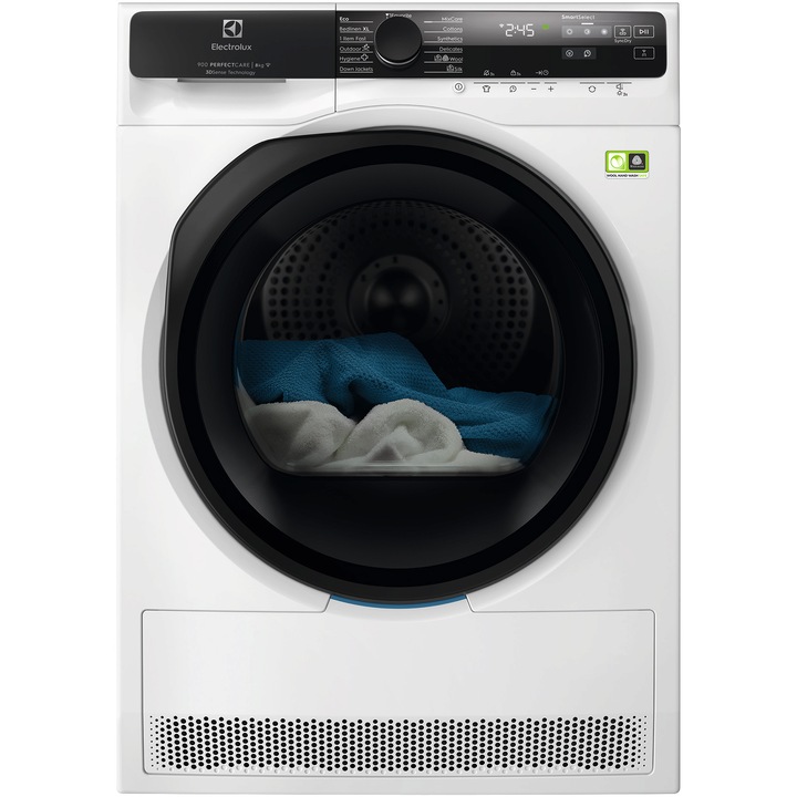 Uscator de rufe Electrolux Ecoline EW9D587KCE, Pompa de caldura, 8 kg, Clasa A+++, Motor Inverter, Wi-Fi, Display LED, 3DSense, SmartSelect, Alb