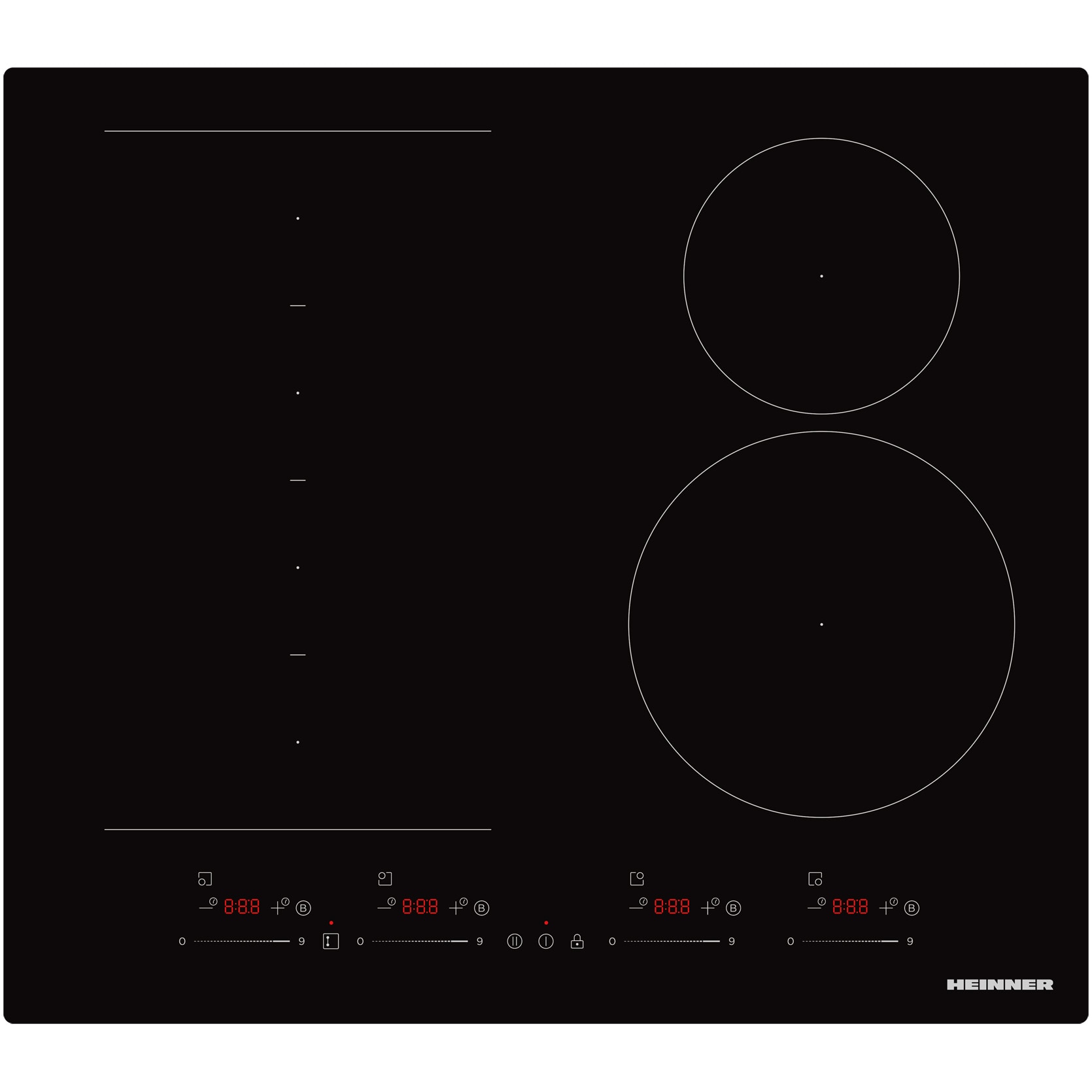 Plita incorporabila Heinner HBHI-M4ZB1FXSMTC, Inductie, 4 zone de gatit, Bridge, Boost, Slim, Control touch, Timer, Protectie copii, Indicator caldura reziduala, 60 cm, Negru