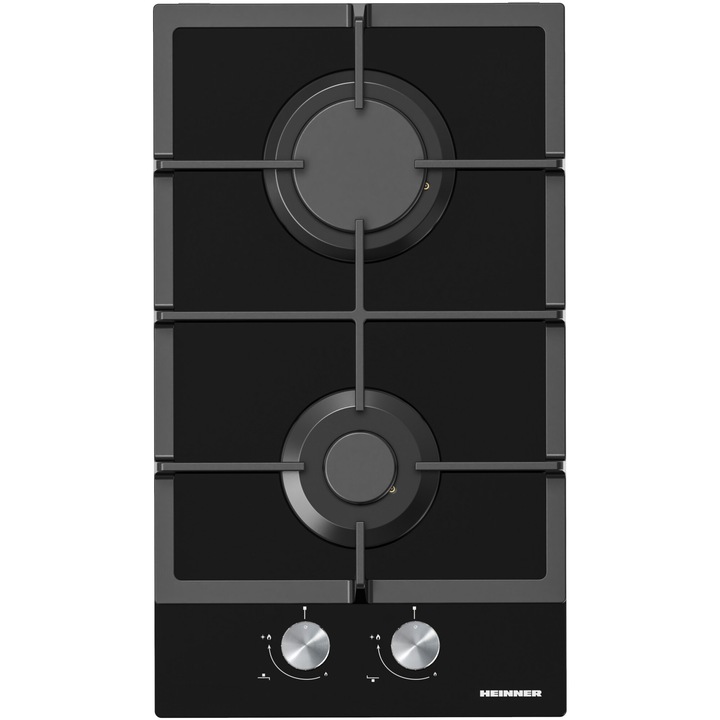 Плот за вграждане Heinner HBH-M302FGBK, Газ, 2 котлона, Чугунена скара, Електрическо запалване, Предпазител, 30 см, Черно стъкло