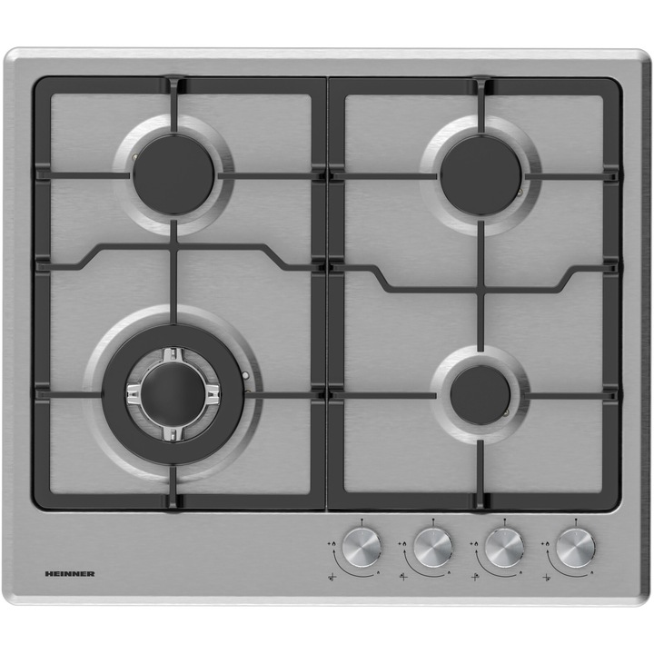 Котлон за вграждане Heinner HBH-M495IWFIX, Газова, 4 котлона, Чугунена скара, Уок, Електрическо запалване, Предпазител, 60 см, Неръждаема стомана