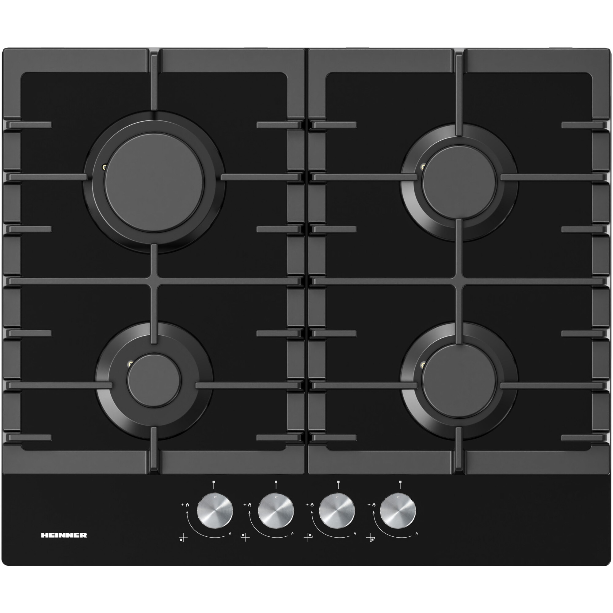 Plita incorporabila Heinner HBH-M421IRFGBK, Gaz, 4 arzatoare, Gratar fonta, Aprindere electrica, Dispozitiv de siguranta, 60 cm, Sticla neagra