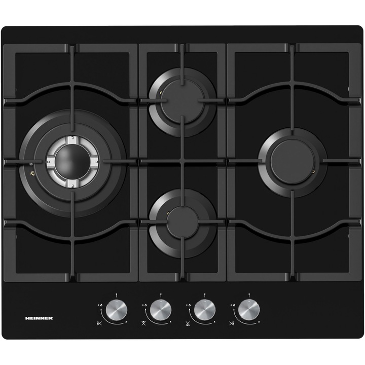 Плот за вграждане Heinner HBH-M452IWFGBK, Газов, 4 котлона, Чугунена скара, Уок, Електрическо запалване, Предпазител, 60 см, Черно стъкло