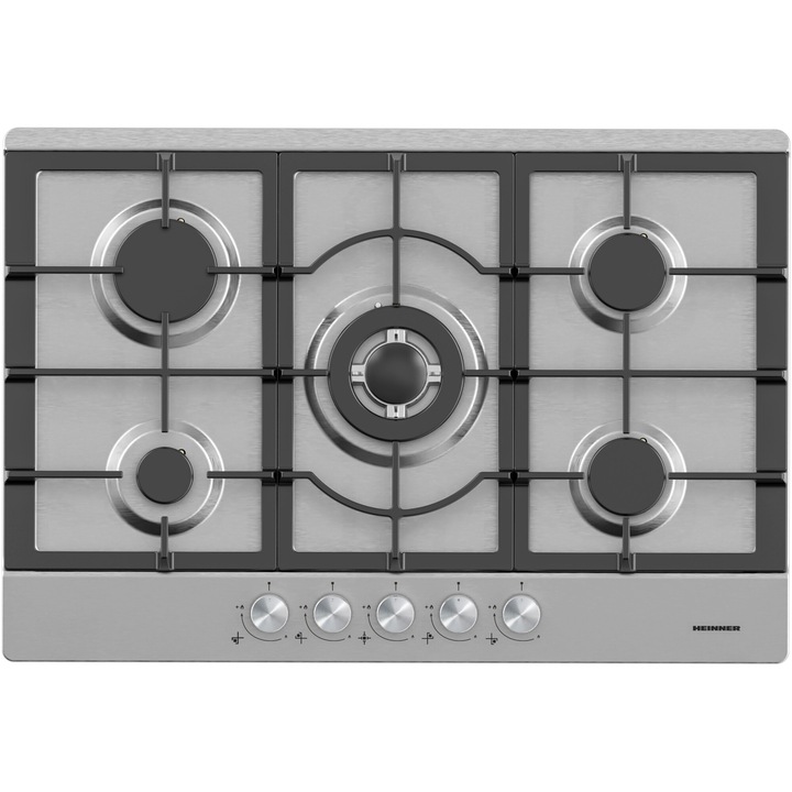Плот за вграждане Heinner HBH-M705IWFIX, Газ, 5 котлона, Чугунена скара, Уок, Електрическо запалване, Предпазител, 75 см, Неръждаема стомана