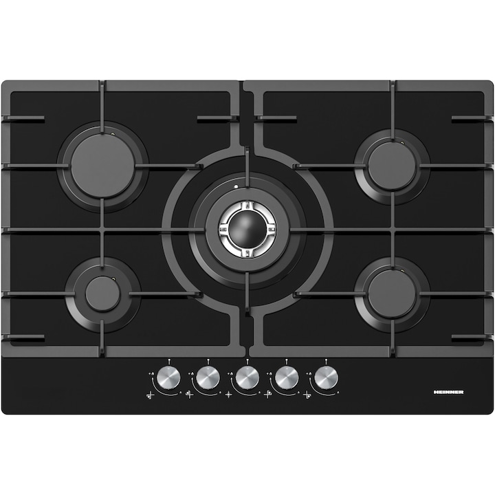 Плот за вграждане Heinner HBH-M705IWFGBK, Газ, 5 котлона, Чугунена скара, Уок, Електрическо запалване, Предпазител, 75 см, Черно стъкло