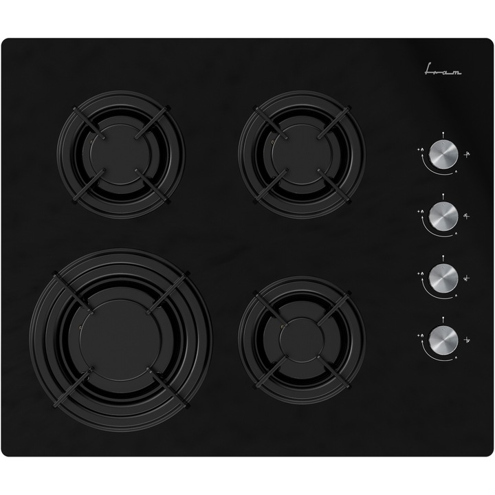 Котлон за вграждане Fram FBH-M4IRF-GBK, Газ, 4 котлона, Чугунена скара, Електрическо запалване, Предпазител, 60 см, Черно стъкло