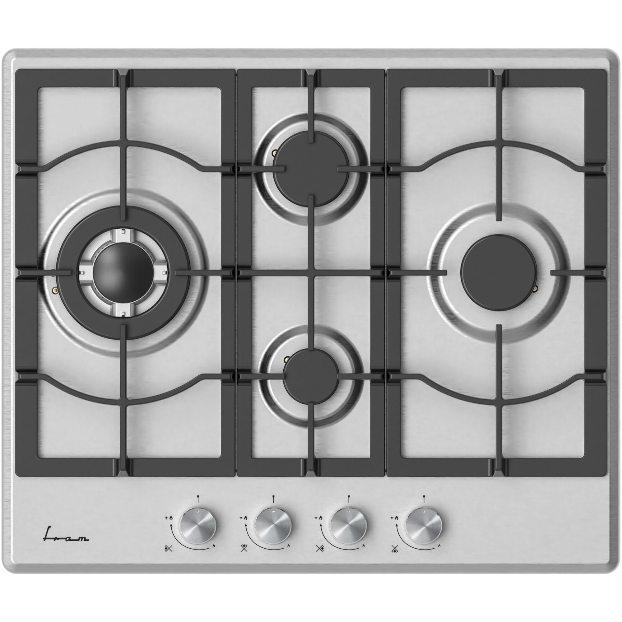Plita incorporabila Fram FBH-M4IWF-SS, Gaz, 4 arzatoare, Gratar fonta, Wok, Aprindere electrica, Dispozitiv de siguranta, 60 cm, Inox