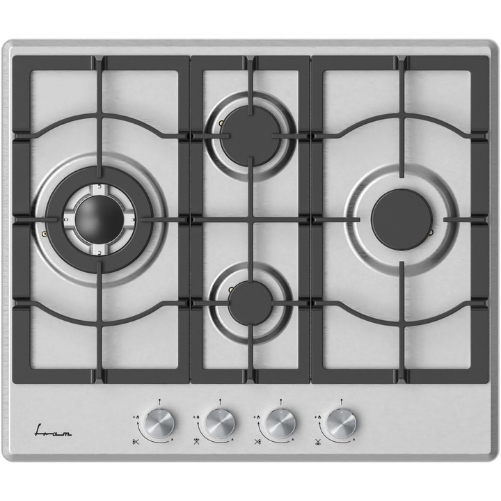 Котлон за вграждане Fram FBH-M4IWF-SS, Газ, 4 котлона, Чугунена скара, Уок, Електрическо запалване, Предпазител, 60 см, Неръждаема стомана