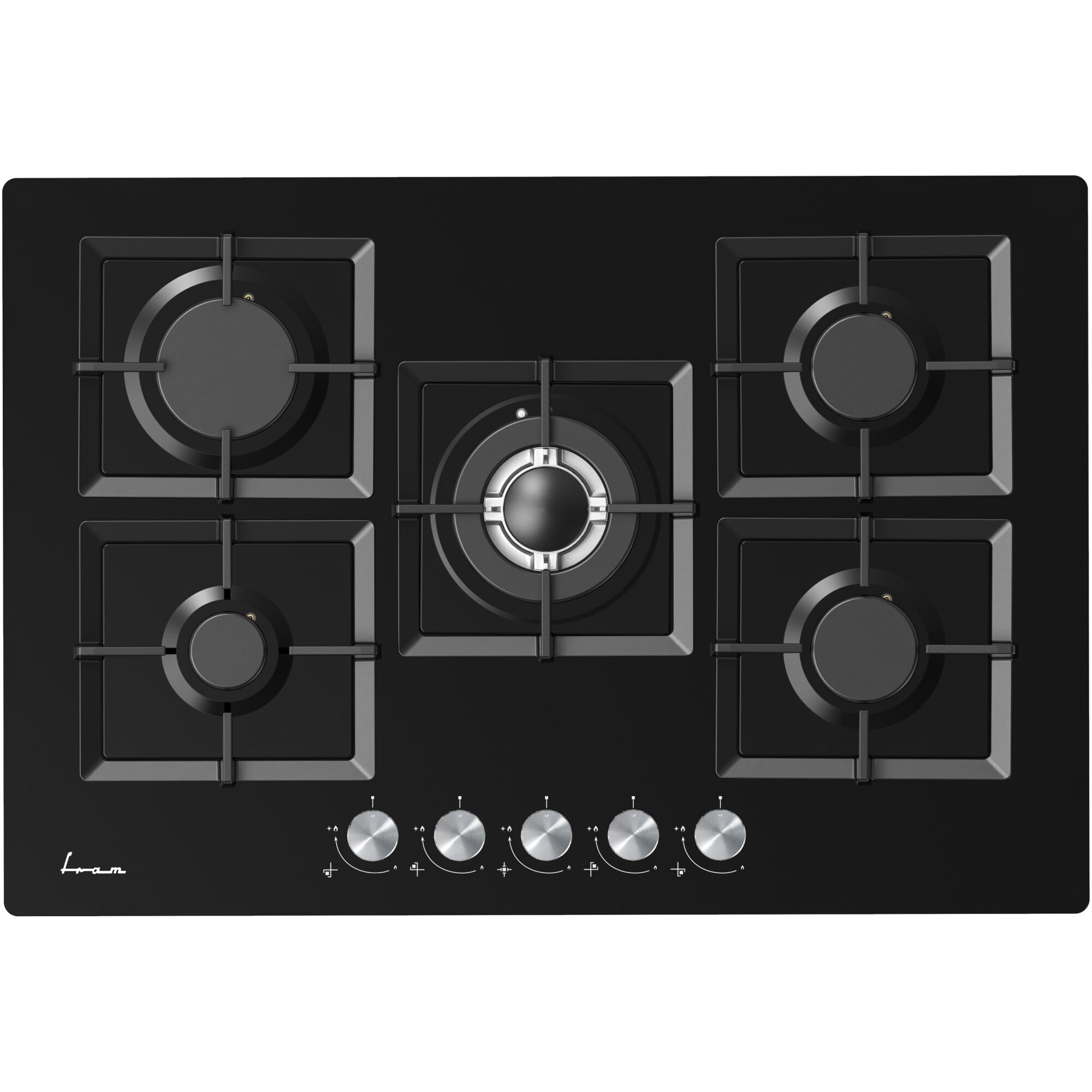 Plita incorporabila Fram FBH-M705IWF-GBK, Gaz, 5 arzatoare, Gratar fonta, Wok, Aprindere electrica, Dispozitiv de siguranta, 75 cm, Sticla neagra