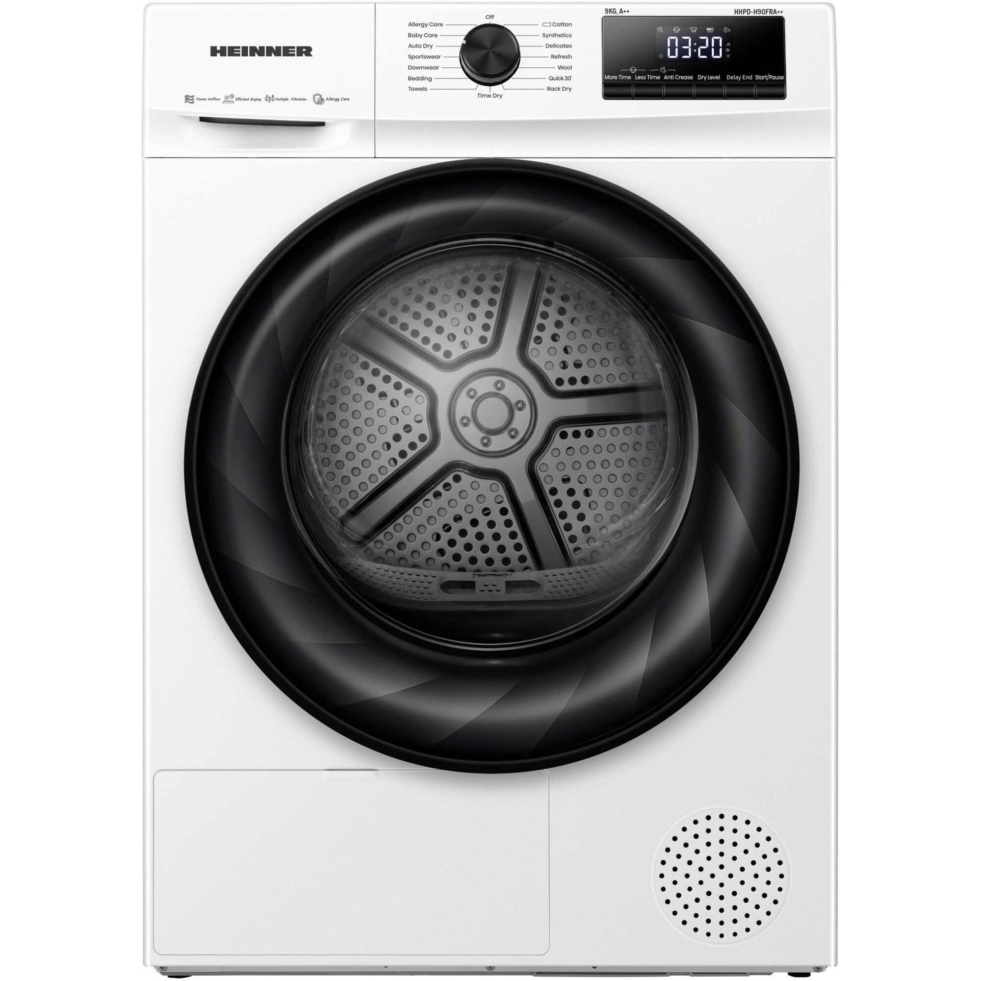 Uscator de rufe Heinner HHPD-H90FRA++, Pompa de caldura, 9 kg, 15 programe, Clasa D, Display LED, Power AirFlow, Alb
