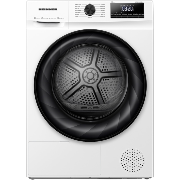 Uscator de rufe Heinner HHPD-H90FRA++, Pompa de caldura, 9 kg, 15 programe, Clasa D, Display LED, Power AirFlow, Alb