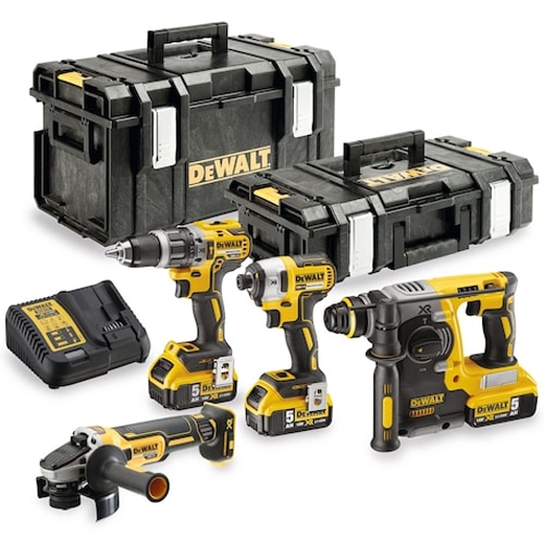 Set 4 scule profesionale pe acumulator DeWALT DCK422P3, 18V, masina de gaurit DCD796, masina de insurubat cu impact DCF887, polizor DCG405, ciocan rotopercutor DCH273, 3 acumulator