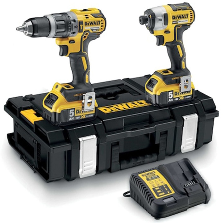 Комплект 2 професионални акумулаторни инструмента DeWALT DCK266P2, 18V, Безчетков мотор, Бормашина DCD796, Ударен гайковерт DCF887, Батерия 2x 5 Ah, Бързо зарядно, Транспортна кутия TSTAK