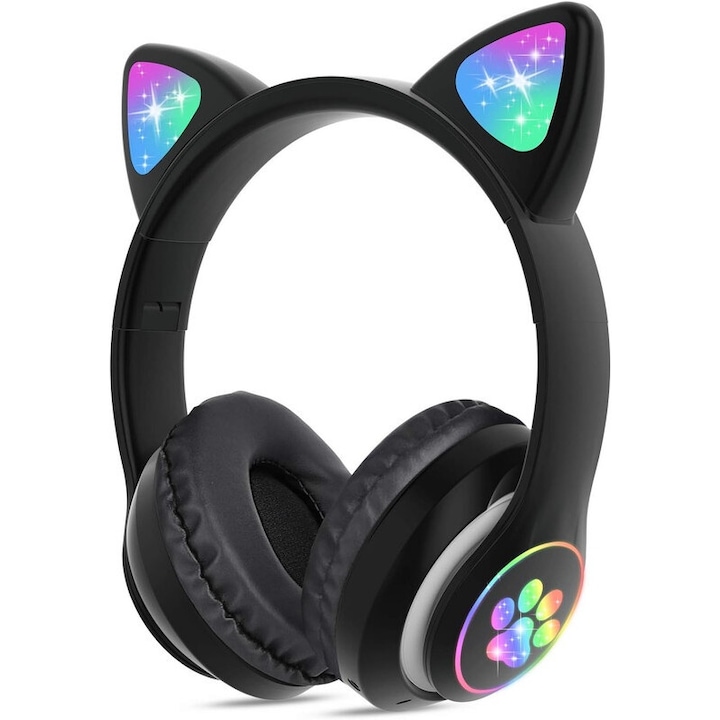Casti Wireless Lyaxm cu urechi de pisica, roz, bluetooth 5.0, microfon