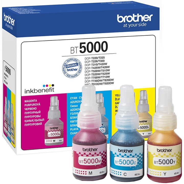 Set flacoane de cerneala Brother BT5000CLVAL, CMY, 3 x 5.000 pag, Ink Benefit DCP-T300/T500W/T700W