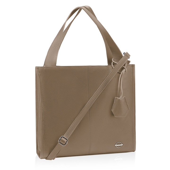 Klasszikus női táska, Betlewski, Flame, valódi bőr, 35 x 33 x 11 cm, Camel/Taupe