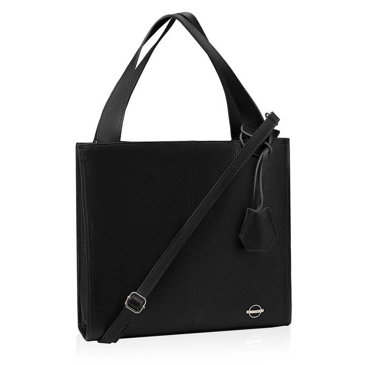 Klasszikus női táska, Betlewski, Flame, valódi bőr, 35 x 33 x 11 cm, Fekete