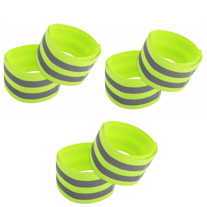 Set 6 benzi reflectorizante, MunDeir, 35x5cm, elastic, fixare cu Velcro, pentru bicicleta si alergare