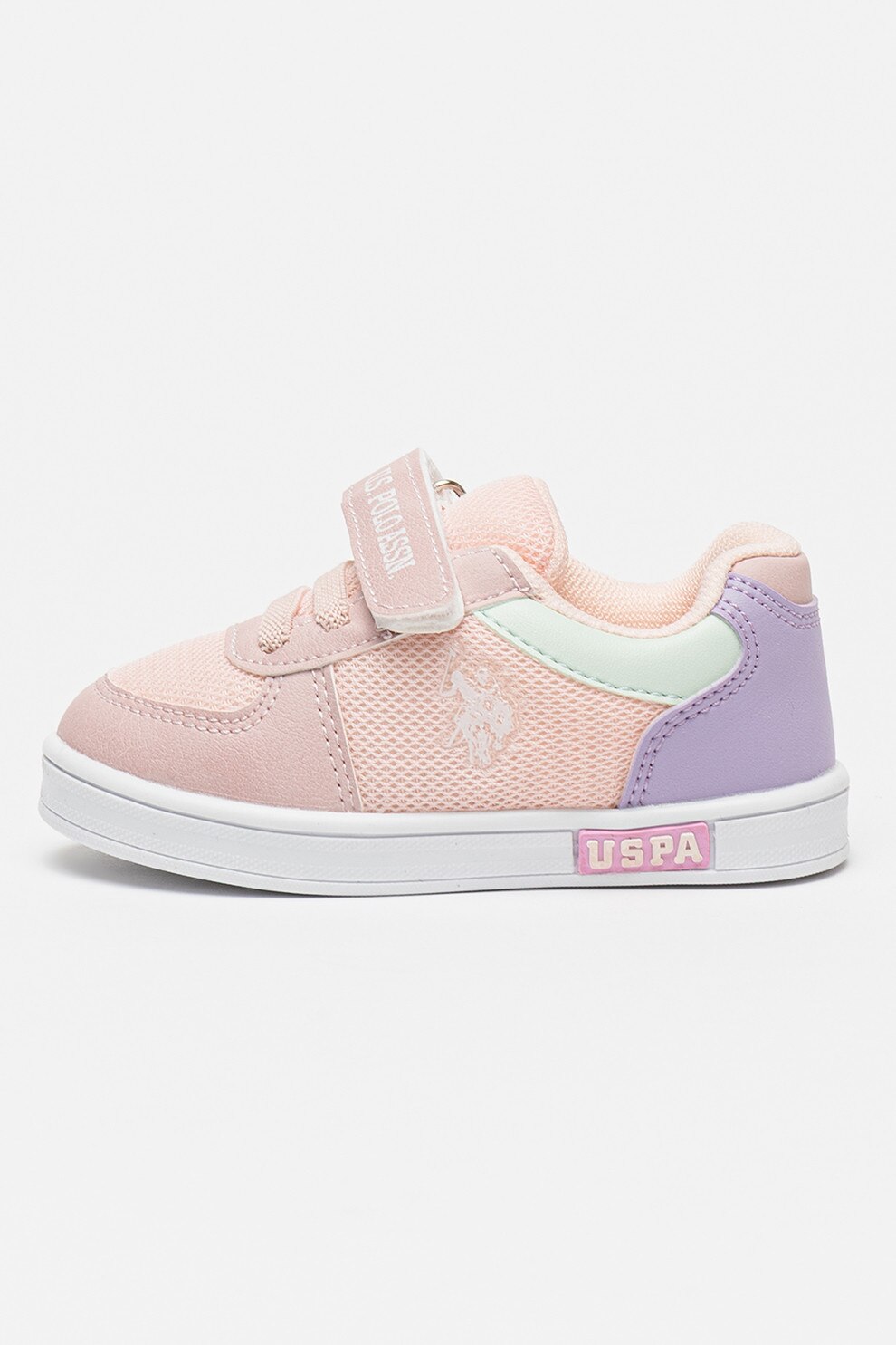 U.S. Polo Assn., Pantofi sport din piele ecologica cu velcro, Roz somon, Lila, 23 EU
