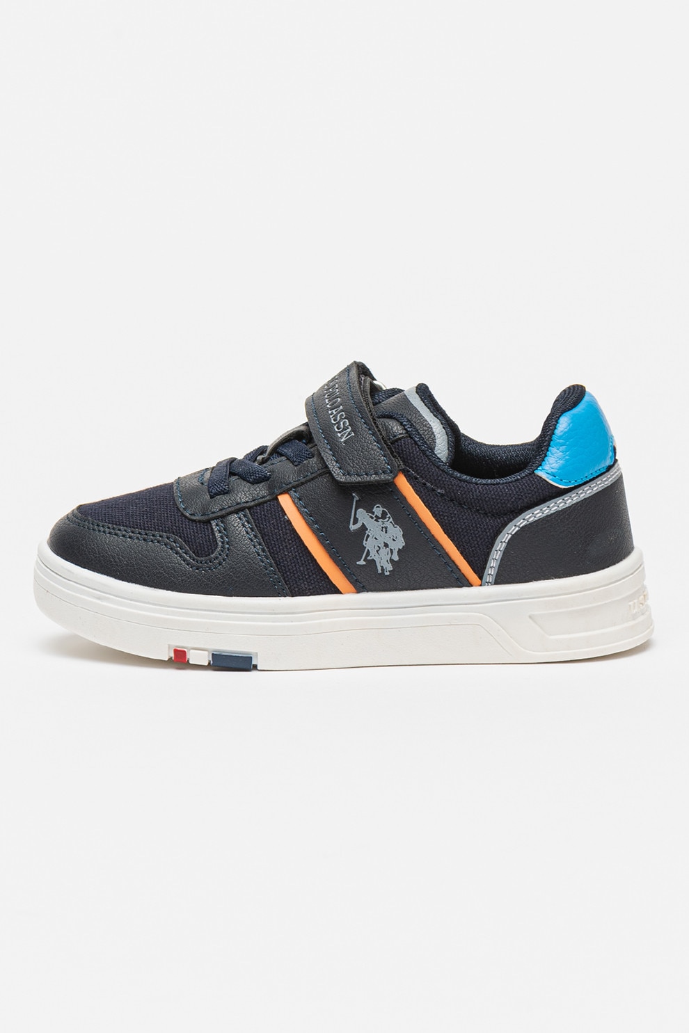 U.S. Polo Assn., Pantofi sport din piele ecologica cu velcro, Negru, Portocaliu, Albastru ultramarin, 30 EU