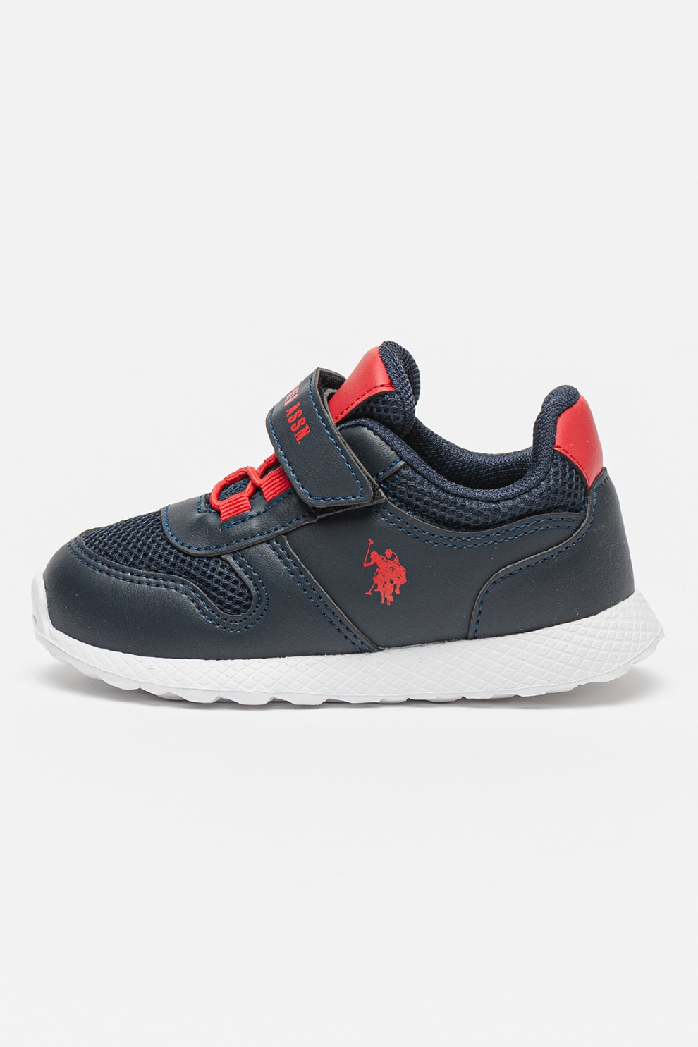 U.S. Polo Assn., Pantofi sport din piele ecologica cu garnituri din material textil si velcro, Rosu, Alb, Albastru ultramarin, 30 EU