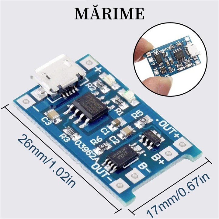 Set de 10 module de incarcare a bateriilor Li-Ion, AjieQaQ, Micro USB, Circuit de incarcare a bateriilor Li-Ion 18650 cu 1 celula, cu USB tip-c si protectie TP4056, 26x17mm, 1A, TP4056