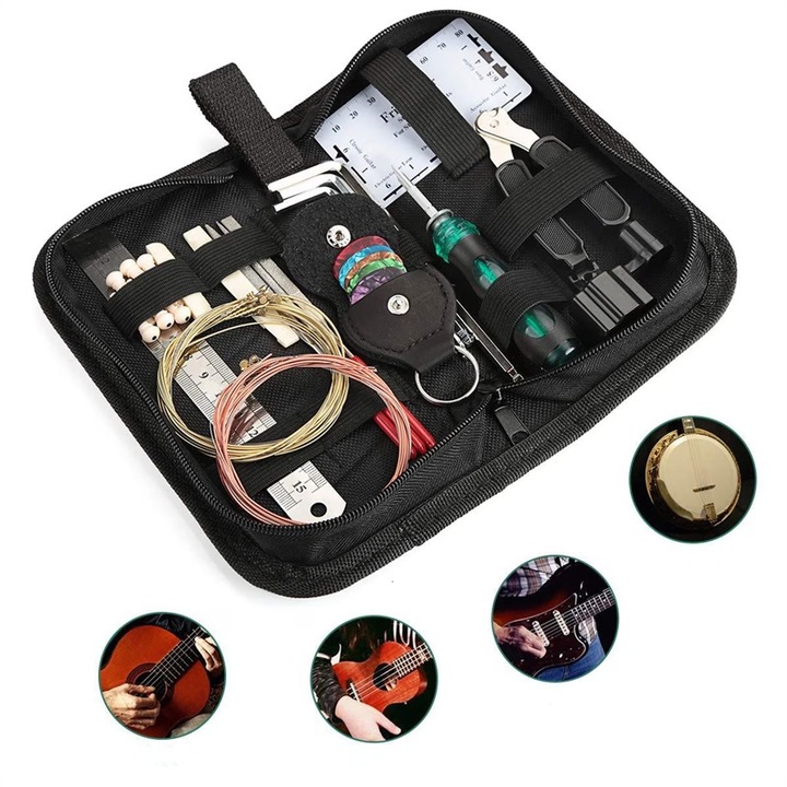 Gitárkarbantartó készlet, AjieQaQ, 37 db, Nyereghúrokkal, húrjavító reszelővel, gitárszedővel, gitárhúrokkal, a gitártest hangolásához és javításához, tároló tokkal, többszínű