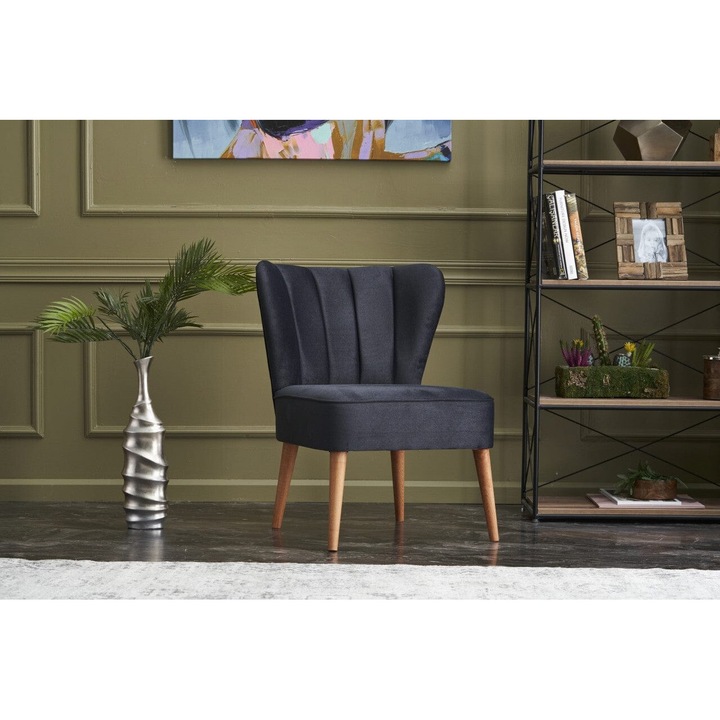 Фиксиран фотьойл, тапициран с плат и дървени крака, Layla Anthracite, Д65xШ65xВ80 см