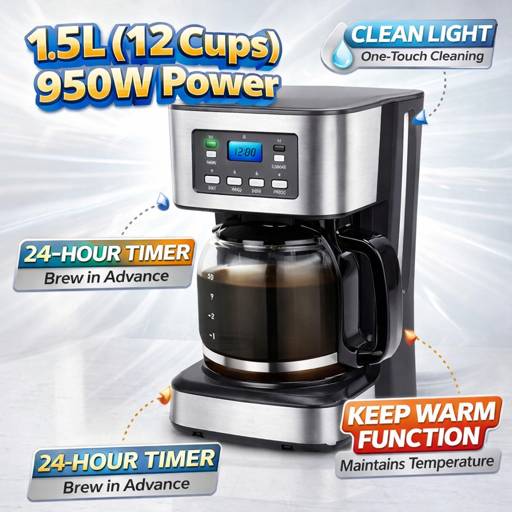 Cafetiera SOKANY 121E, 1.5L, 950W,12 Cupe, Ecran LCD, Operatiune cu un singur clic, Conservarea caldurii, Curatare automata, Functie de rezervare 24h, Negru/Argintiu