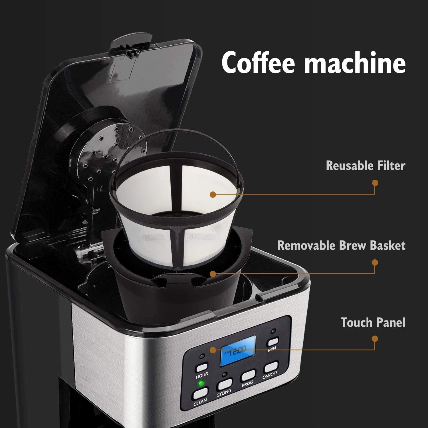 Cafetiera SOKANY 121E, 1.5L, 950W,12 Cupe, Ecran LCD, Operatiune cu un singur clic, Conservarea caldurii, Curatare automata, Functie de rezervare 24h, Negru/Argintiu