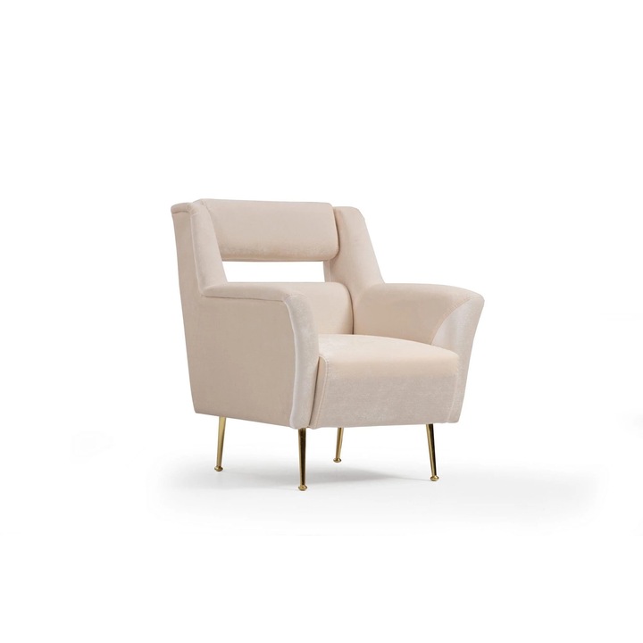 Fotoliu fix tapitat cu stofa si picioare metalice, Mira Crem, l79xA93xH76 cm