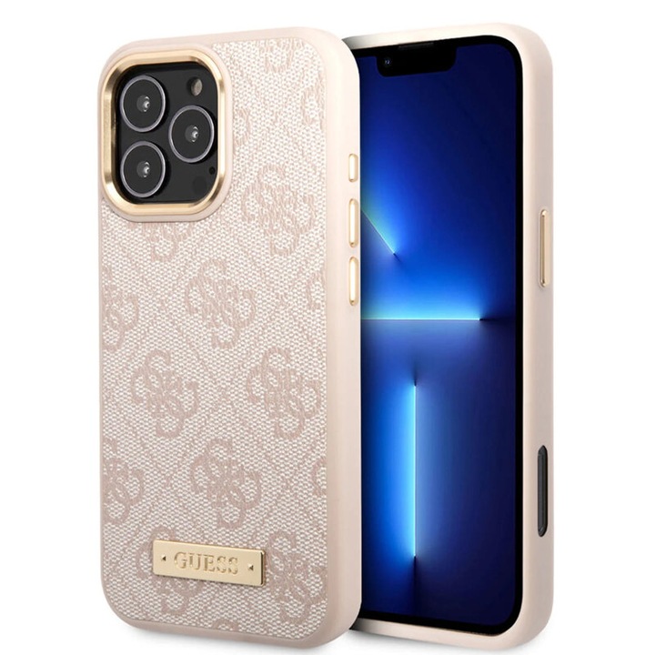 Защитен калъф Guess, съвместим с Apple iPhone 16 Pro Max, 4G Logo Plate, съвместим с MagSafe, силикон и текстил, Розов