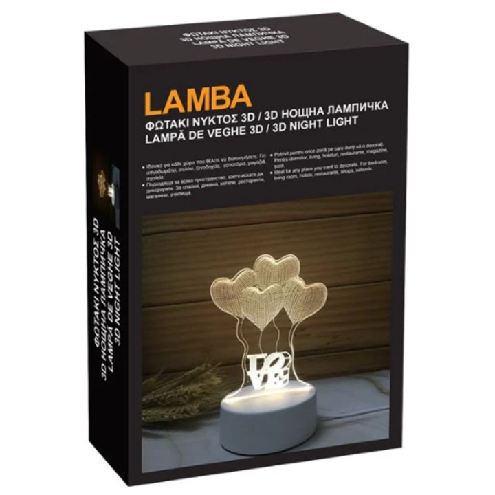 Lampa de veghe, LED, 3D, USB, Model "LOVE", 9.5 x 11.2 x 16.5 cm