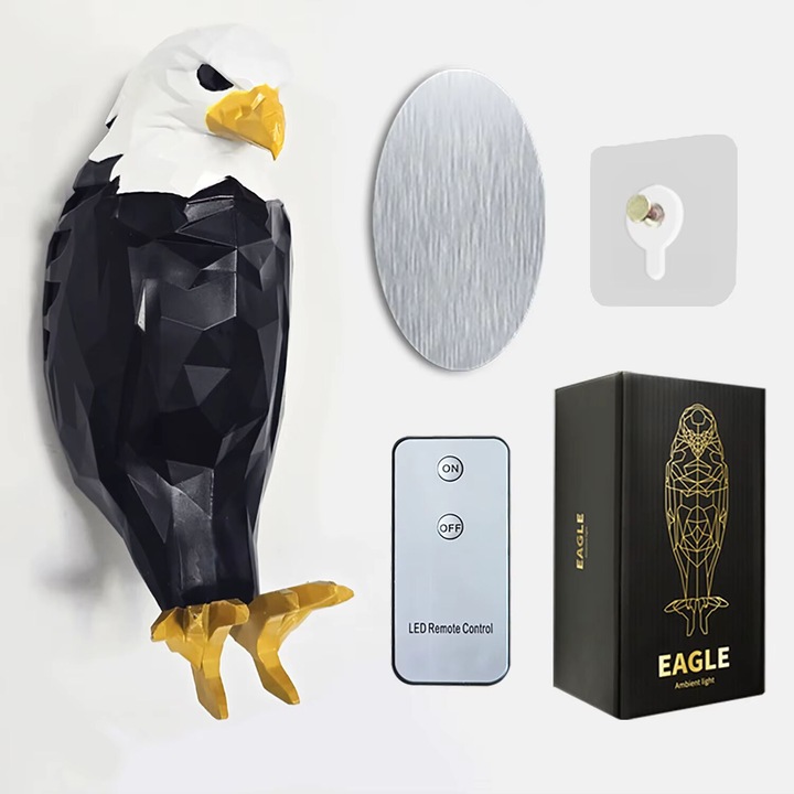 Lampa de Perete 3D Vultur Plesuv cu Telecomanda si aderenta – Lustru Creativ Modern din Material PETG, Fara Cablu sau Gaurire, Iluminat Animal pentru Halloween si Craciun, 22cm