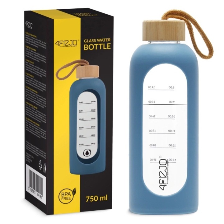 Стъклена спортна бутилка, 4FIZJO, капацитет 0,75 л, 29,5 х 8 см, покрита със силикон, синя