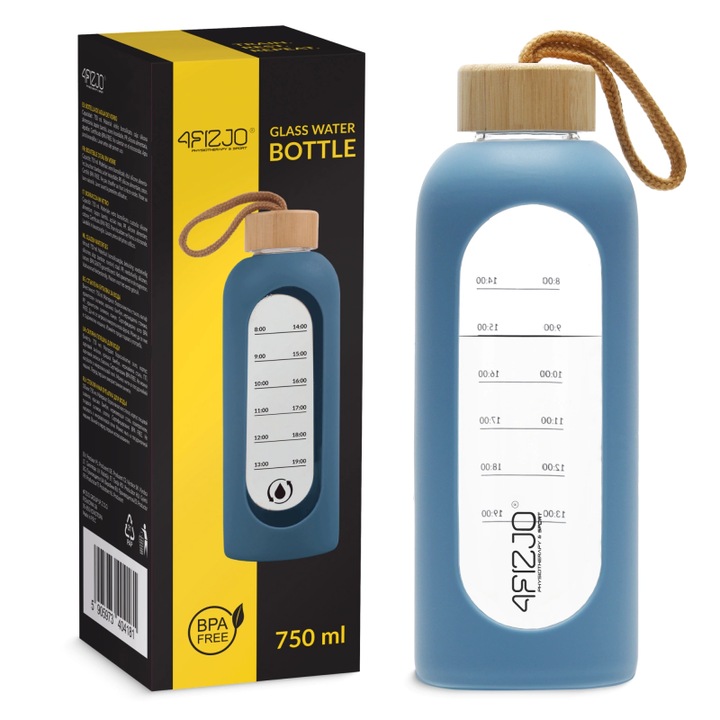 Bidon sport din sticla, 4FIZJO, cu scala temporala, cu o piesa bucala confortabila, ergonomica, capacitate 0.75 L, 22 x 7.5 cm, acoperit cu silicon, Albastru
