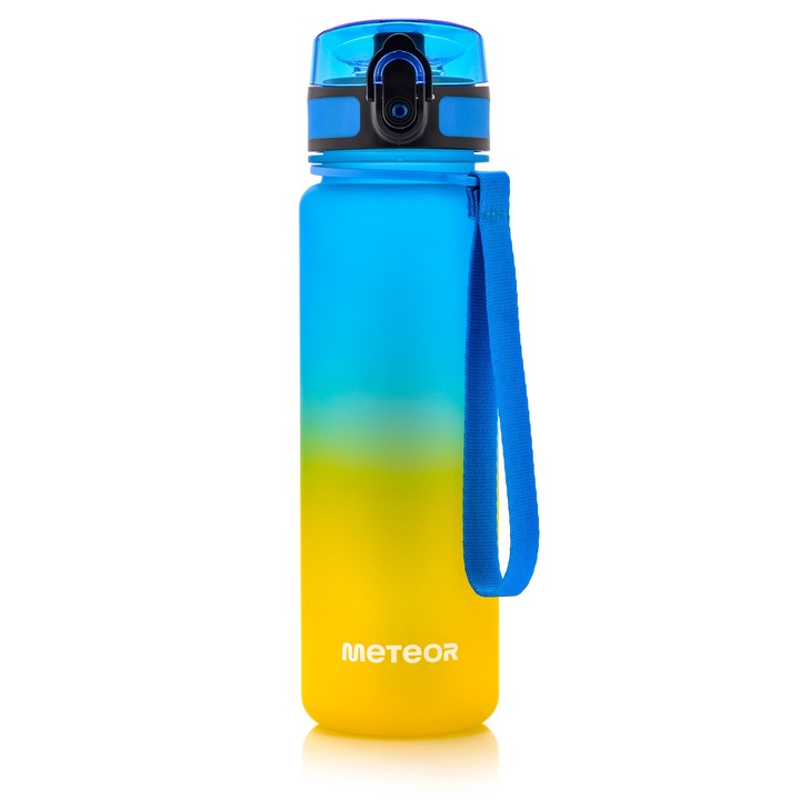Спортна бутилка за вода със скала за време, Meteor, Tritan, 500 ml, Дръжка, Широко гърло за лесно пълнене и измиване, Неплъзгаща се повърхност, Син